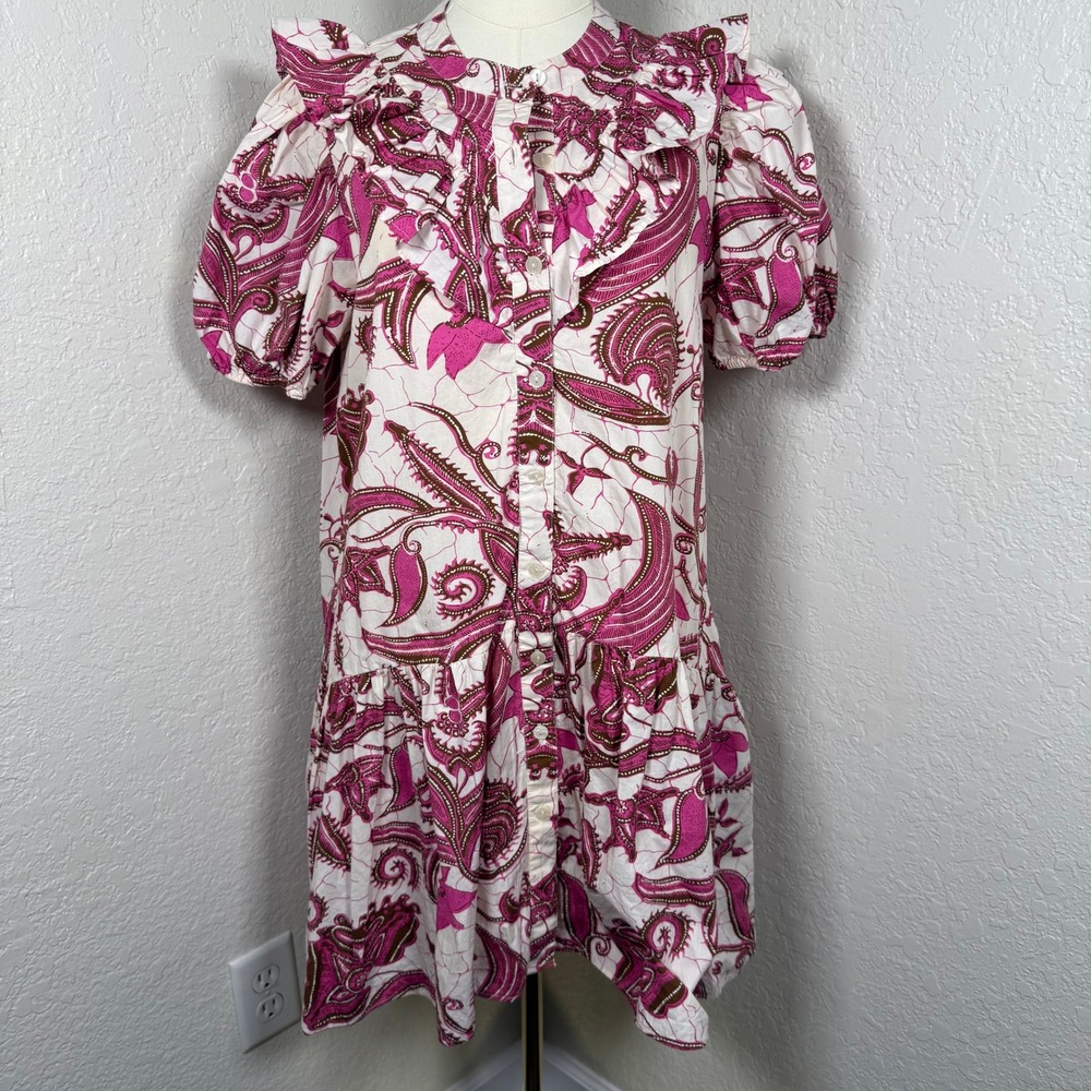 Caroline Constas Pink Paisley Batik Cotton Ruffle Mini Dress Puff Sleeve Women M